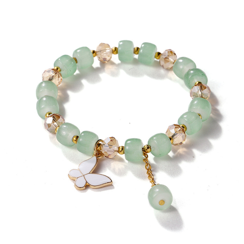 Imitation Jade Explosion Flower Bracelet for Women, Friendship Gift Bracelet with Colorful Cute Beads, Butterfly Crystal Glass Bracelet