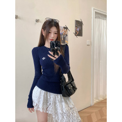 美式复古修身可机洗羊毛粗坑条弹力针织打底衫女十字提花长袖上衣