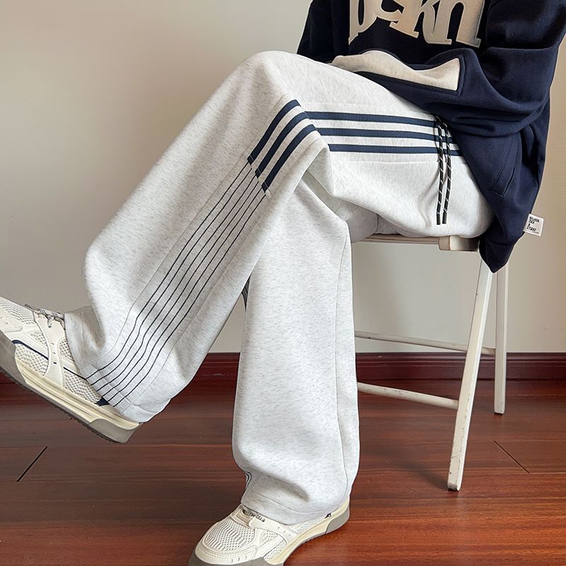 American-style three-stripe men's sports pants, trendy high street versatile wide-leg casual sweatpants, trendy brand plus-size straight-leg long pants