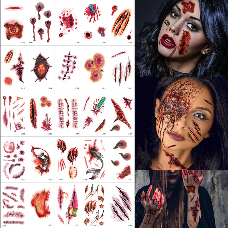 Halloween tattoo sticker party makeup face sticker ghost festival decoration simulation horror injured knife scar sticker