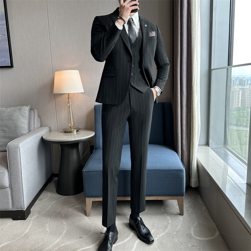 Modern Stripe Blazer Suit For Men | Single-Breasted Business Suit Set With Waistcoat, Lightweight & Tailored Fit_voghion.com
