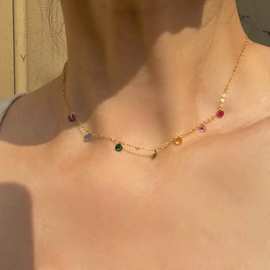 新款彩色锆石项链甜美百搭轻奢高级欧美ins美产14K包金彩虹锁骨链