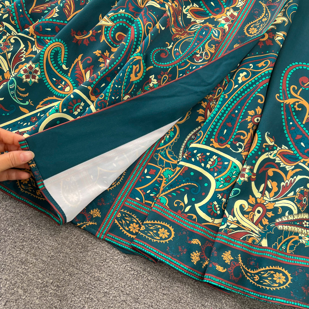 Retro Court Style Lantern Dress Long Sleeved V Neck Belted a Line Printed Elegant Full Skirt for Women_ecoleips.com