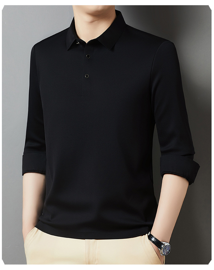 T-shirt a maniche lunghe da uomo in peluche spesso 2024 Autunno / inverno Nuova camicia di base in tinta unita con risvolto business di mezza età_voghion.com