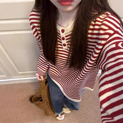 慵懒感红色条纹撞色针织上衣秋季穿搭宽松毛衣女秋冬2025新款爆款