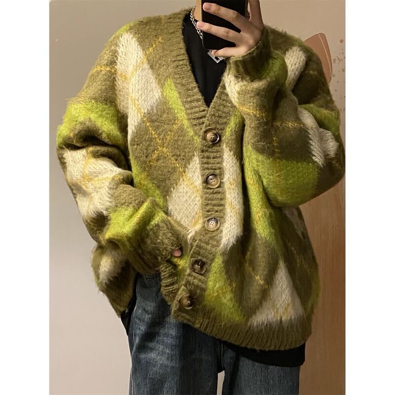 Autumn and Winter New Pineapple Green Diamond Plaid Knitted Cardigan Sweater Men's Loose Korean Style Japanese Style Retro Lazy Trend