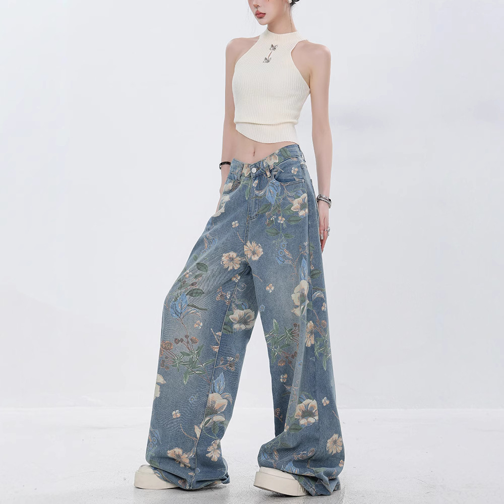 Full Print Flower Wide Leg Washed Jeans Men's and Women's Mid-Waist 2024 New Summer Straight Slim Mop Pants