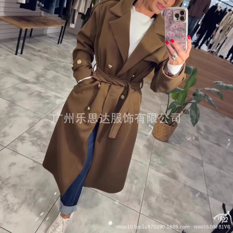 欧美风跨境外贸女装25秋冬气质时尚长袖翻领双排扣配腰带风衣外套|undefined