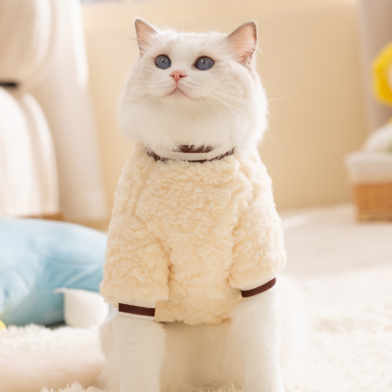 가을과 겨울 간단한 스타일 귀여운 작은 양 견인 두 다리 양털 두꺼운 따뜻한 고양이 옷 겨울 의류