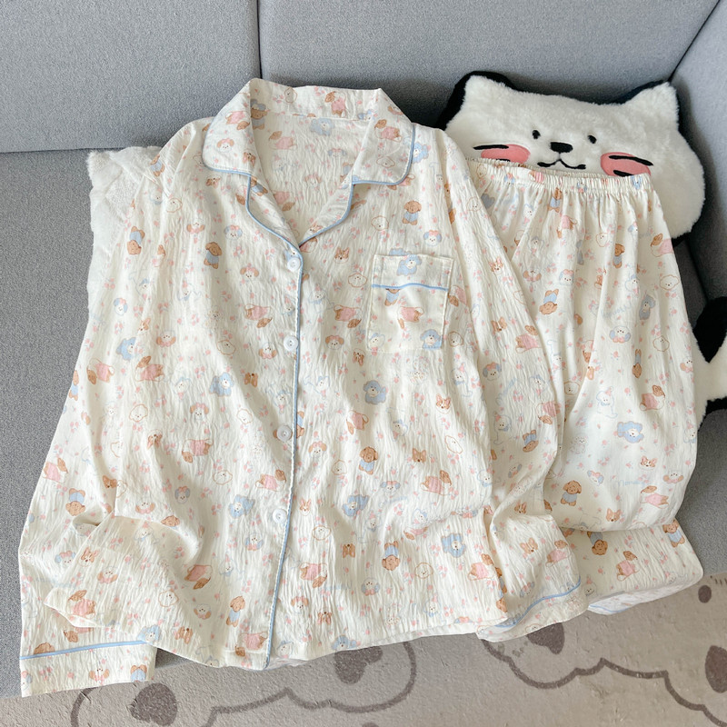 工厂直销云朵棉新款睡衣女长袖长裤开衫翻领卡通大码家居服套装|undefined