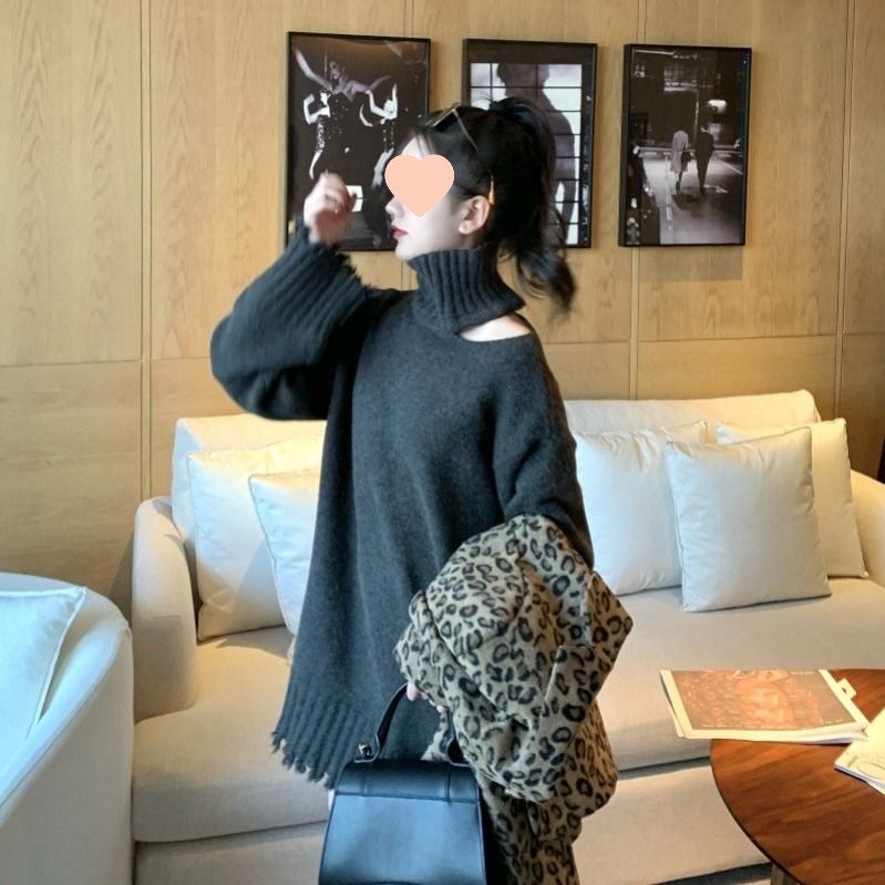 (2개) 2024 겨울 새로운 여성 세트 디자인 센스 어깨 니트 스웨터 레오파드 무늬 세트 재킷 투피스 트렌디 인