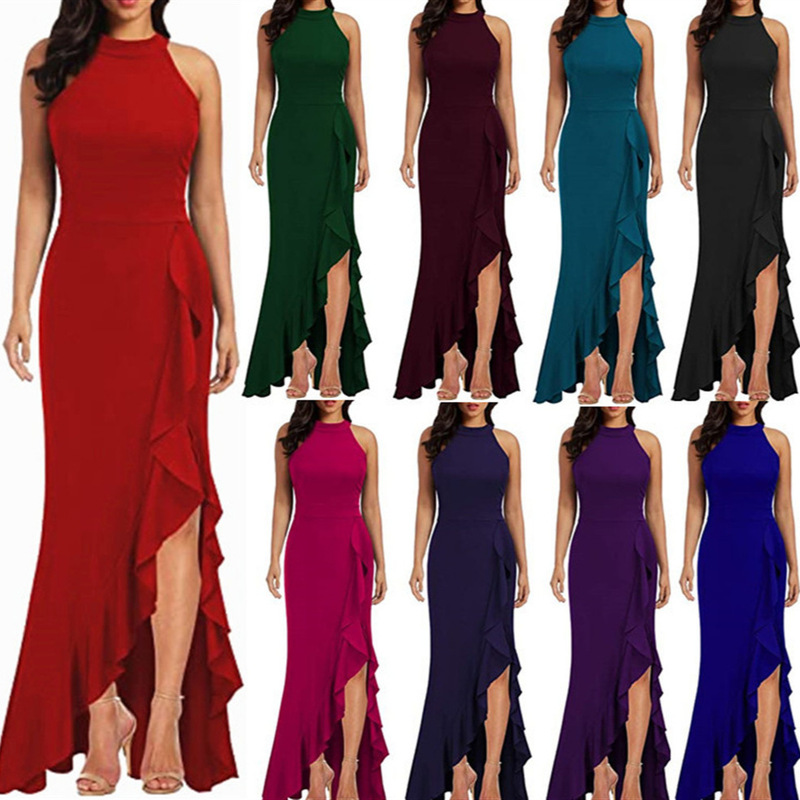 2023 New European and American Women's Dress Women's High Collar Split Tight Mermaid Evening Dress Sleeveless Long Dress
