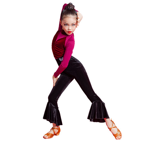 Girls wine velvet Latin dance dresses stage performance latin dance costumes long-sleeved Latin pants practice clothes Performing costume girls