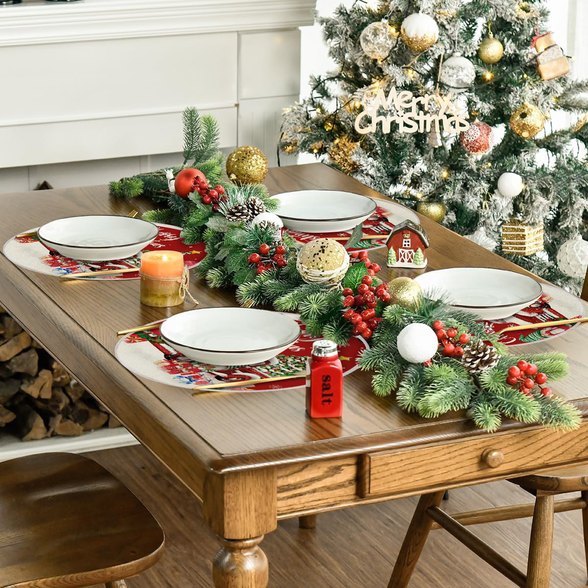 Set de table rond de noël en lin résistant à la chaleur_voghion.com