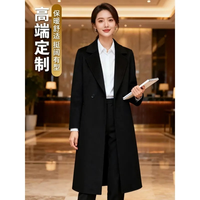 Black Quilted Woolen Outwear Women's Winter Mid-Length Business Wear Hotel Manager Work Clothes Thickeneded Woolen Outwear