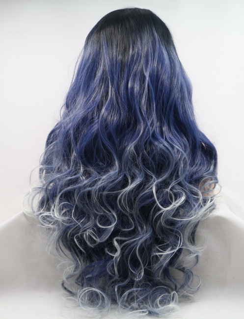 Azul y negro gradiente cabello largo rizado frente de encaje europeo y americano peluca de fibra química LW0264