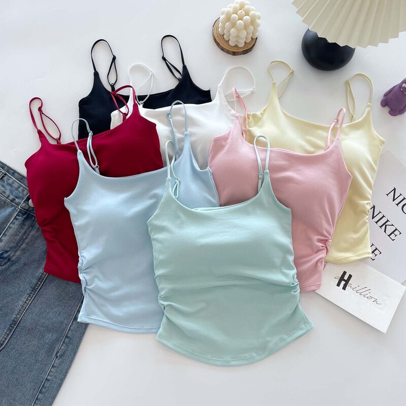 Summer Fresh Pleated Small Camisole Women's Belt Chest Pad Inner Wearing Outer Wearing Base Slim-fit Girl's Beautiful Back Top