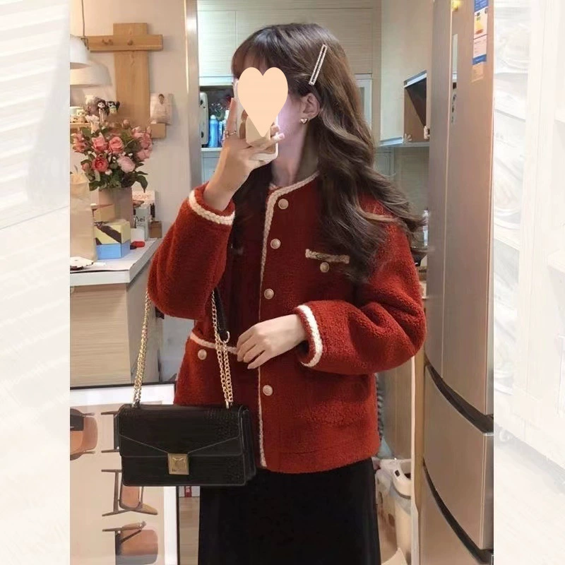 Красный демисезонный тёплый маленький короткий пиджак, стиль Chanel, французский стиль, для подростков