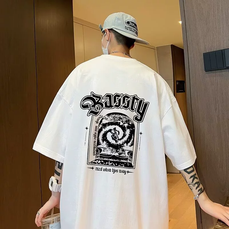 Хлопковая американская темная футболка с принтом алфавита мужской летний бренд хип-хоп уличный стиль свободный топ с короткими рукавами