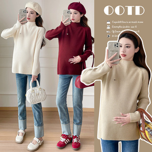 Pregnant Women's Wear Autumn and Winter Half Turtleneck Sweater All-match Knitted Thickened Warm Pregnant Women's Base Shirt Nursing Top