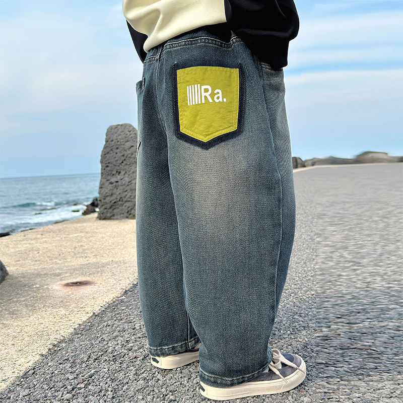 (2개) 동화 메모리 2024 봄 새 어린이 바지 어린이 한국어 편지 가죽 라벨 청바지 소년 봄 유행 바지