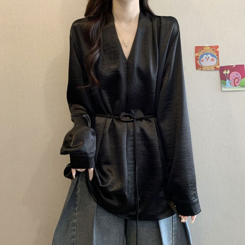 High-End Acetate Satin Ribbon V-Neck Long-Sleeve Shirt Early Autumn 2026 New Plus-Size Women's Clothing for Curvy Women with Waist-Cinching Top High-End Acetate Satin Ribbon V-Neck Long-Sleeve Shirt Early Autumn 2026 New Plus-Size Women's Clothing for Curvy Women with Waist-Cinching Top