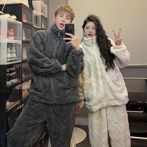 Ash Beige Zippered Coral Fleece Padded & Thickened Pajamas—Autumn/Winter Hot-Selling New Style Couple’s Home Wear Set