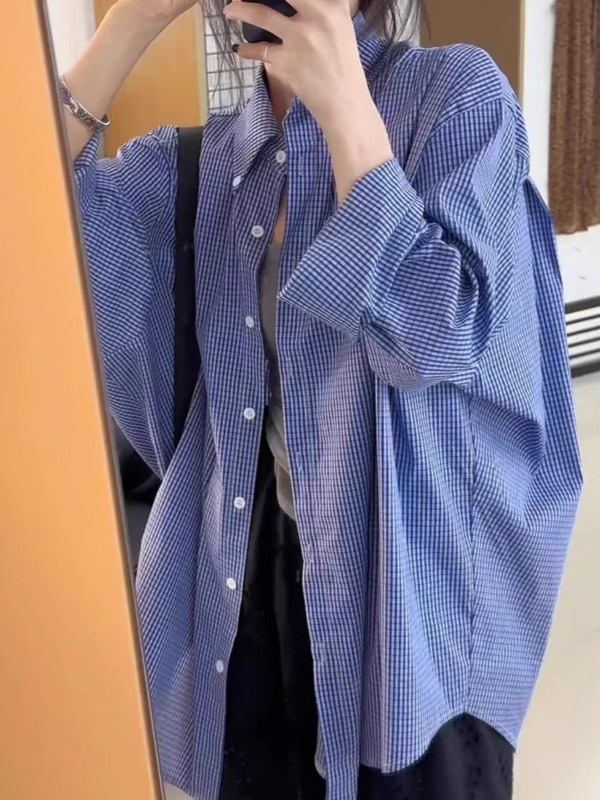 高级感超好看宽松蓝色显瘦衬衣秋季新款女百搭慵懒风格子衬衫休闲|undefined