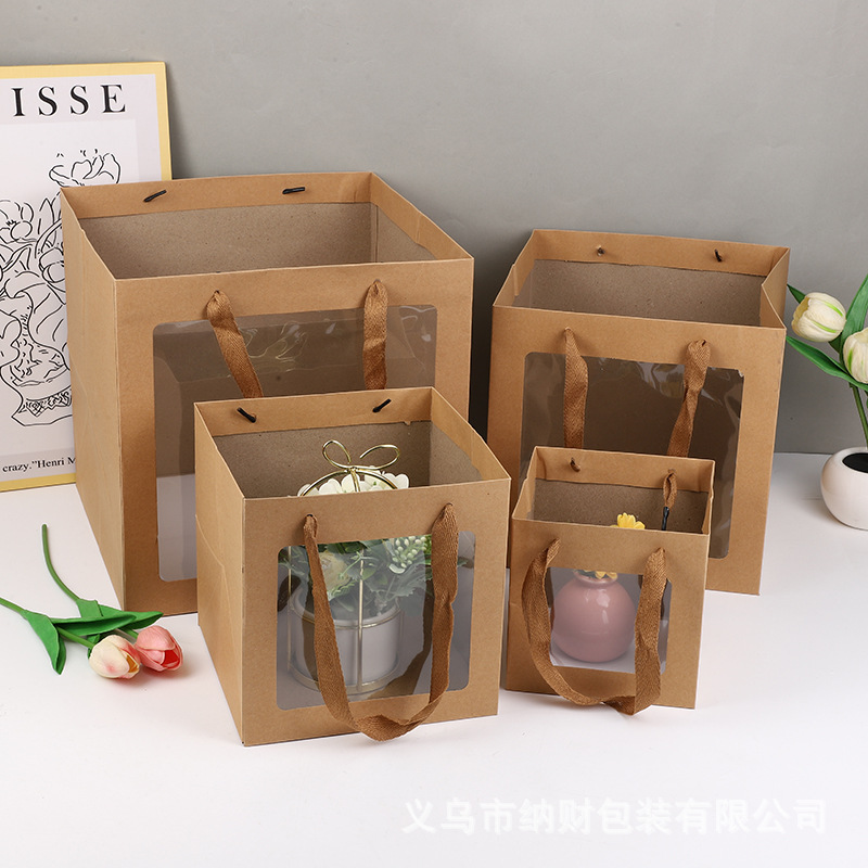 Bolsas de kraft transparentes en stock bolsas de mano cuadradas bolsas de regalo embalaje de flores bolsas de regalo de mano para el día de San Valentín