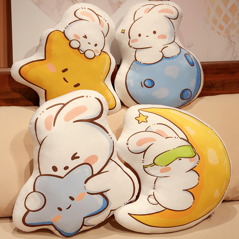 Cute Rabbit Plush Sofa Bedroom Pillow Backrest Moon Wish Rabbit Print Throw Pillow for Girls Birthday Gift