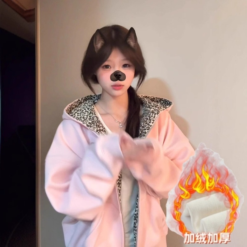 美式复古连帽卫衣外套女2025秋季豹纹拼接开衫宽松情侣拉链上衣潮|undefined