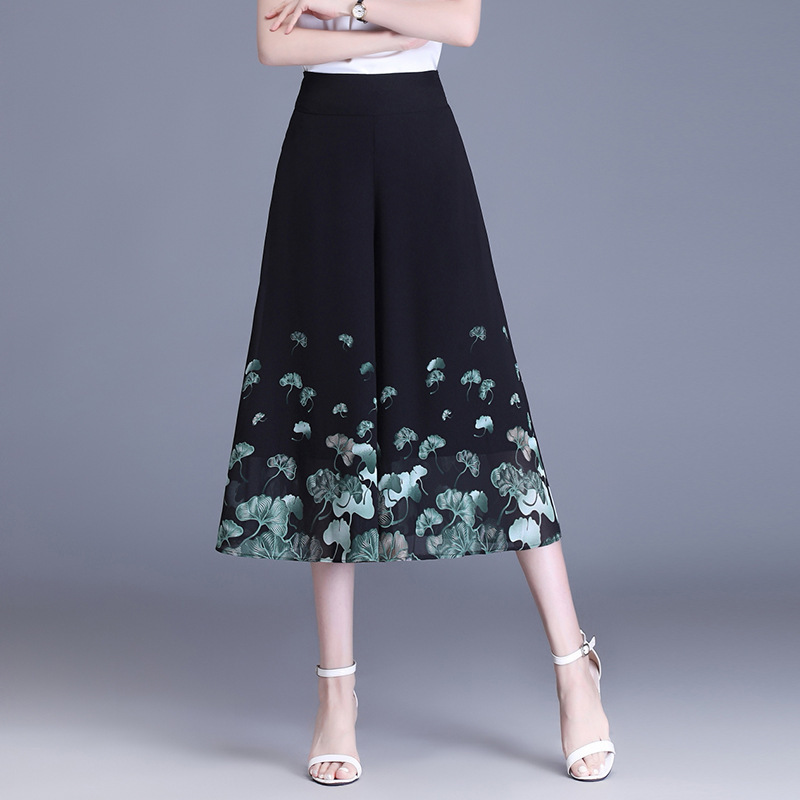 Printed Cropped Chiffon Culottes 2024 Summer High Waist Commuter Styline Loose Slimming Casual Wide Leg Pants
