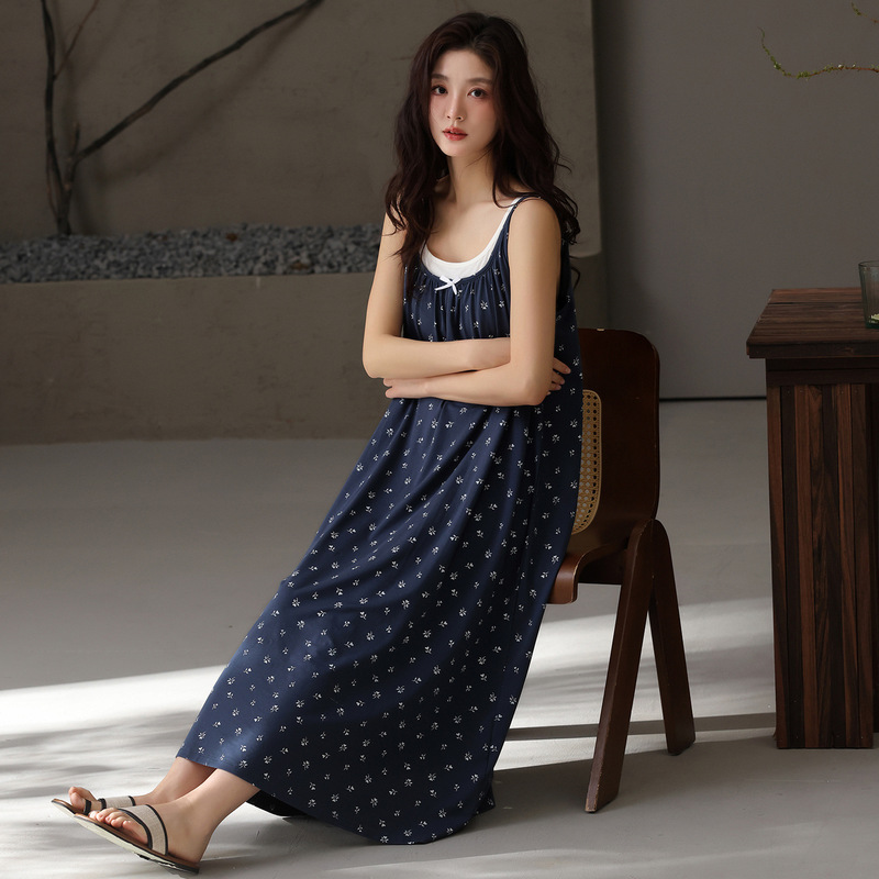 Pure Cotton Nightgown with Breast Pads for Women, Summer Anti-Bump Floral Sexy Suspender Dress That Can Be Worn Outside as Home Wear or Pajama Dress