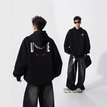 黑色恶魔猫咪印花连帽卫衣男款秋季美式重磅正肩上衣松弛感打底衫