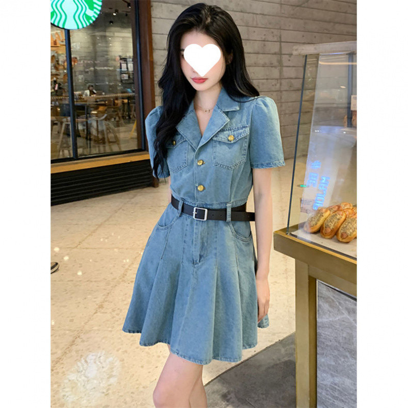 V1M美式小众复古牛仔短袖连衣裙2024夏季新款辣纯欲妹收腰显瘦百