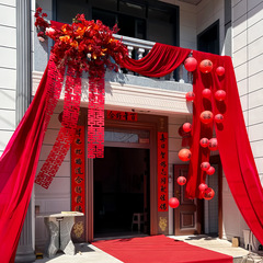 婚房布置户外农村院子大门布置结婚喜字拉花装饰婚礼布幔纱幔挂饰