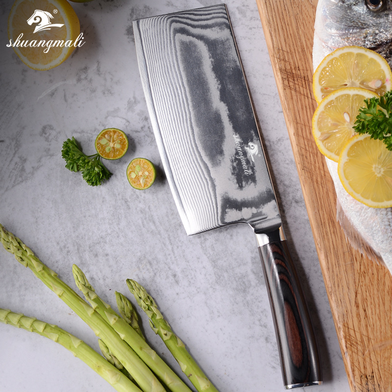 Damascus Kitchen Knife7-inch Kitchen Stainless Steel Slicing Knife Colorful Wooden Handle Slicing Knife Meat Cleaver Shipping