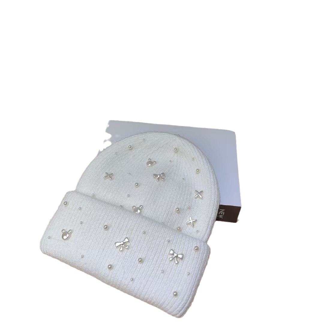 Herbst Winter Neue Perlen-Schleife Leichter Wollstil für Damen Großer Kopfumfang Gesicht Schlankmachend Kältebeständig Ohren_voghion.com