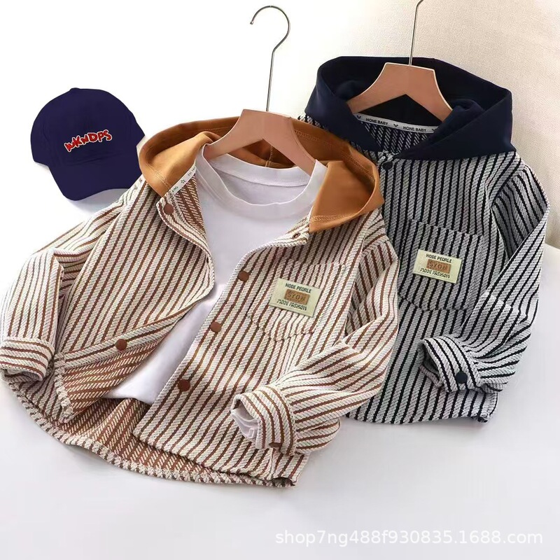 Spring and Autumn Children's Long-Sleeve Hooded Jacket, Striped Cardigan, Striped Top, Fashionable Versatile Outerwear for Boys and Girls