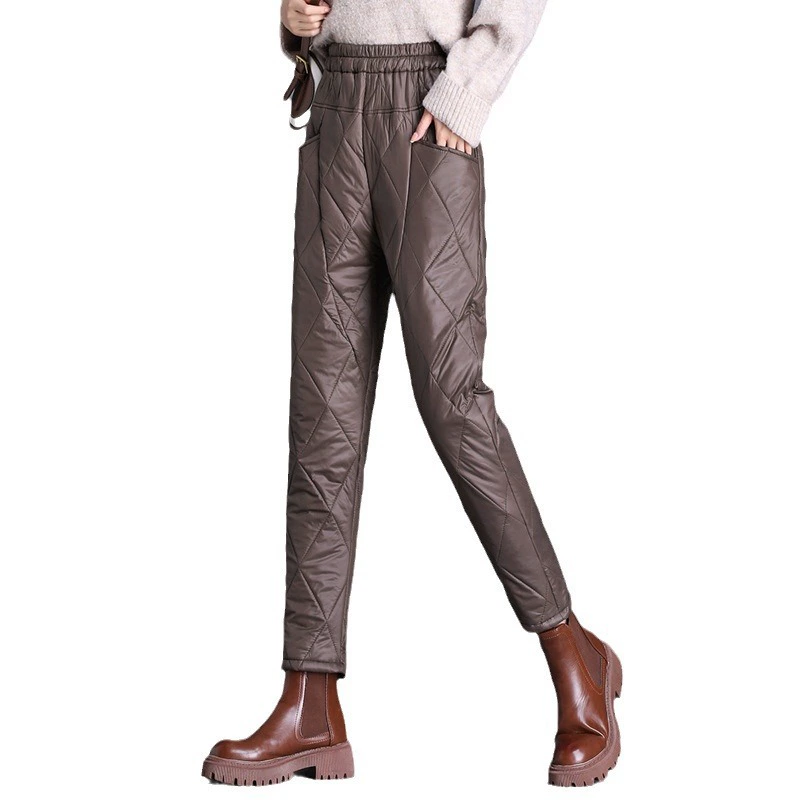 Women’s demi‑season quilted trousers, loose straight fit, lightweight warm, black/khaki, M–4XL