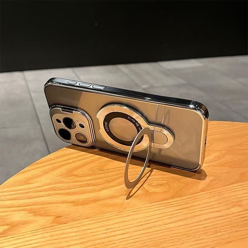 Ốp lưng iPhone trong suốt có giá đỡ kim loại từ tính, bảo vệ ống kính, chống sốc — đen, trắng, tím, cam chi tiết 12