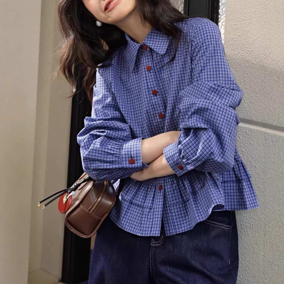 Miu Blue Plaid Shirt for Women 2026 Spring New Style Ruffled Long-Sleeved Shirt Top Short Style Autumn