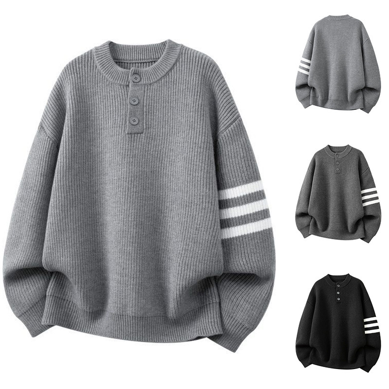 Henry Collar Three-Stripe Knit Sweater for Men, Autumn and Winter Warm Outerwear, Trendy Brand, High-End, Lazy, Foreign Trade, Cross-Border Wholesale Henry Collar Three-Stripe Knit Sweater for Men, Autumn and Winter Warm Outerwear, Trendy Brand, High-End, Lazy, Foreign Trade, Cross-Border Wholesale