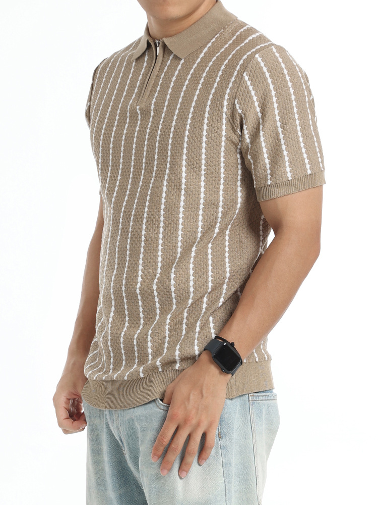 Europa y los Estados Unidos de verano hombre jacquard rayas punto polo medio cremallera solapa camiseta de negocios de manga corta camiseta casual