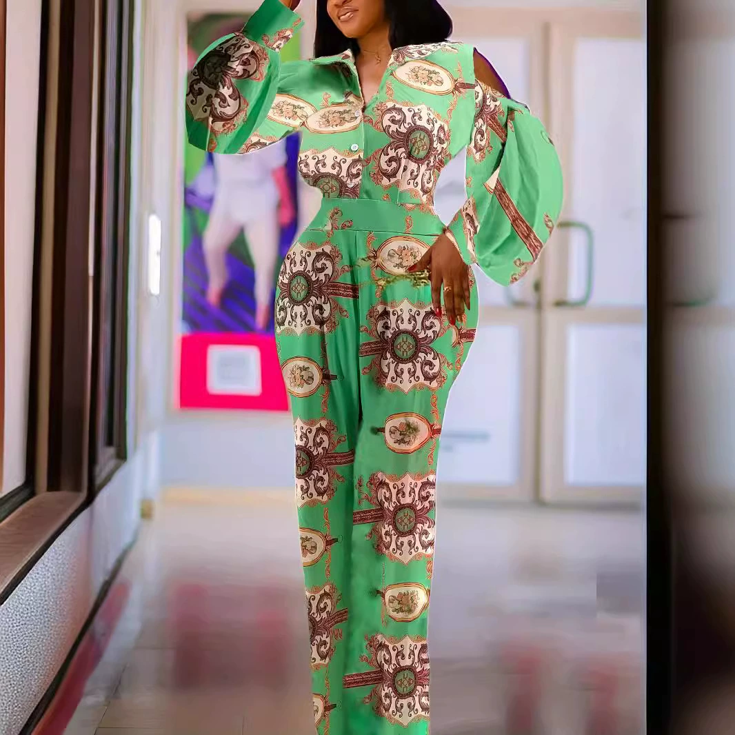 3218 Европейские и американские трансграничные ebay женщины с рукавами фонарь зеленый комбинезон с цифровым принтом