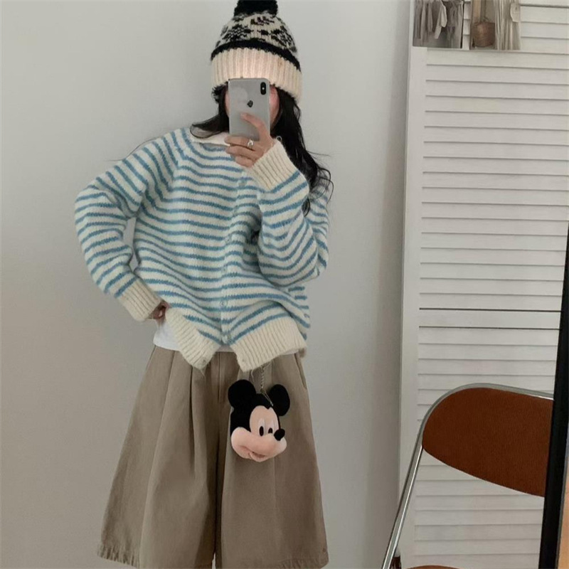 韩系复古多巴胺条纹毛衣开衫女秋冬新款宽松翻领拼色慵懒针织外套|undefined