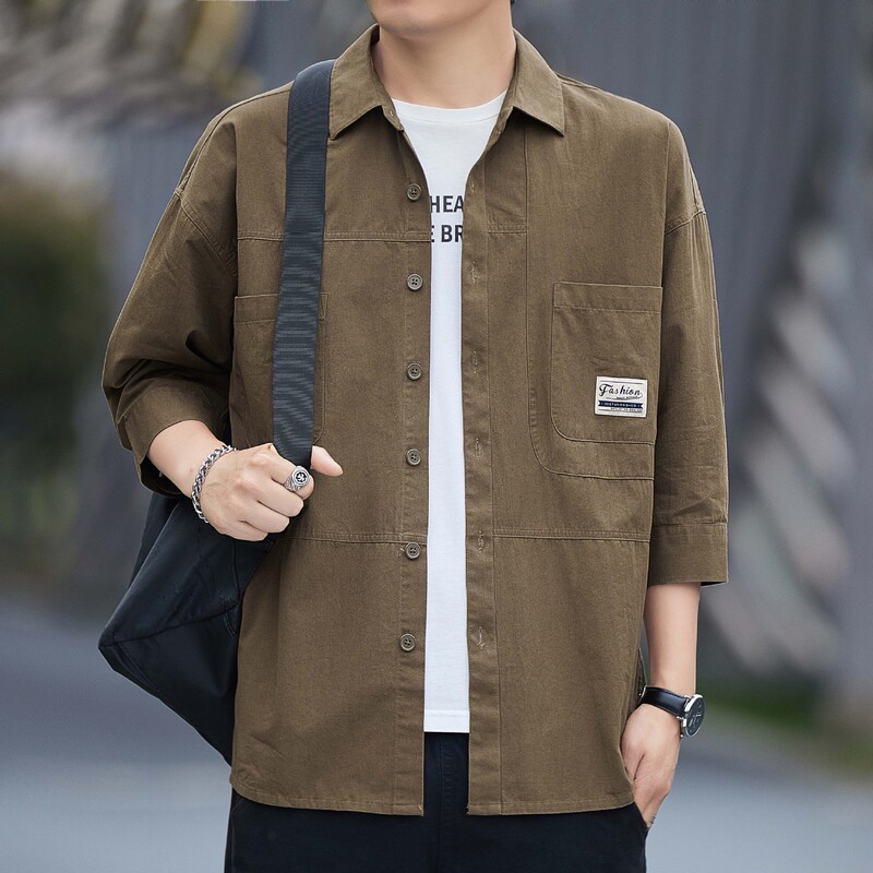 Summer New Cotton Seven-sleeve Shirt Men's Hong Kong Style Casual Cotton Short-sleeve Workwear Shirt Jacket Loose Trendy