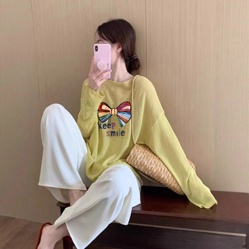 黄色轻薄微透防晒衣宽松罩衫长袖T恤女秋季新款休闲百搭上衣|undefined