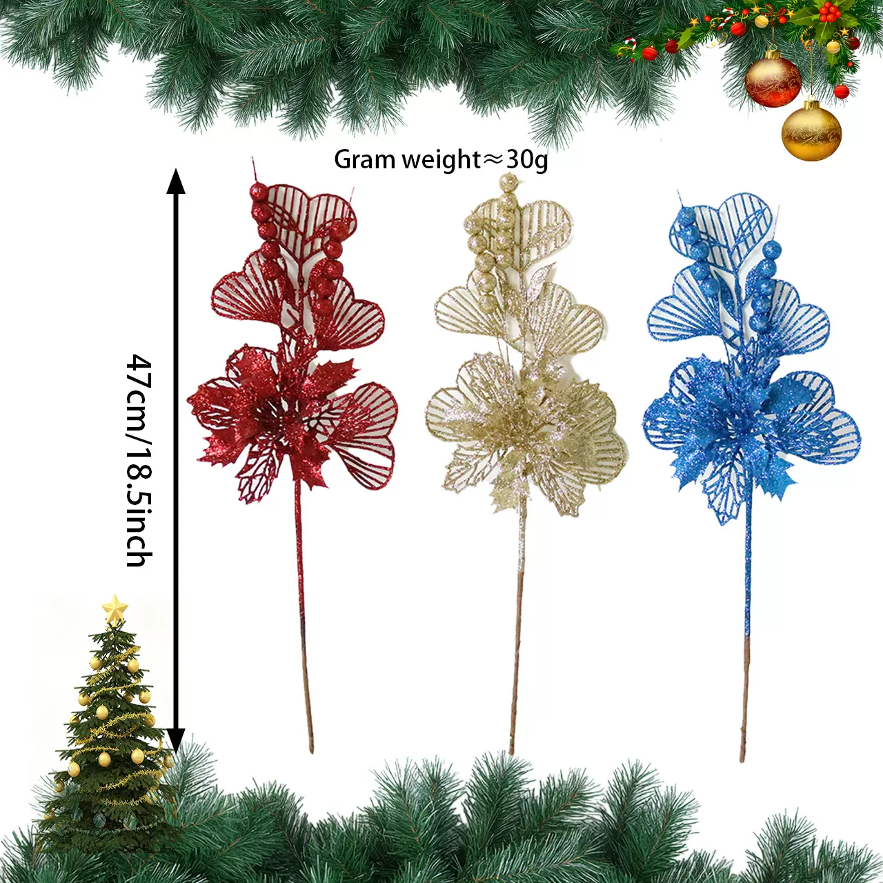 仿真圣诞节金粉浆果装饰品挂件圣诞爱心镂空金粉花圣诞树金粉插枝