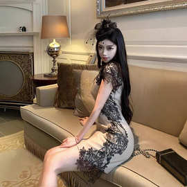 TZ6927小众古早感蕾丝立领短袖连衣裙女名媛气质收腰显瘦包臀短裙